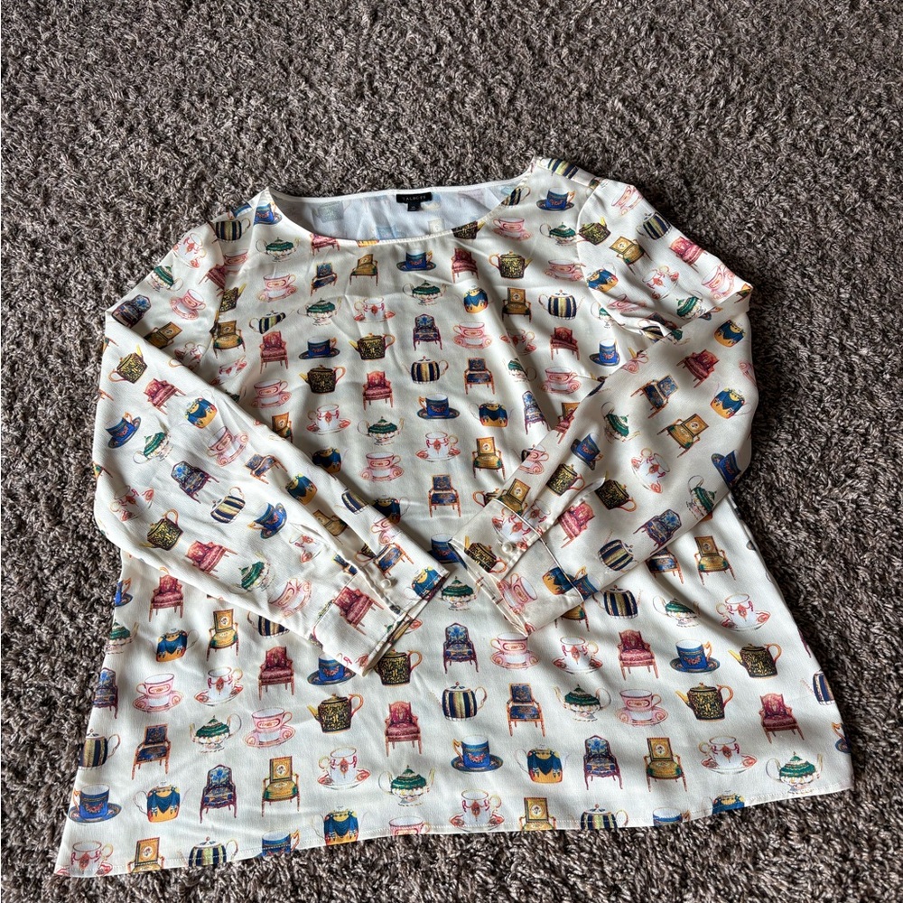 Talbots blouse with Colorful Chairs and teapots